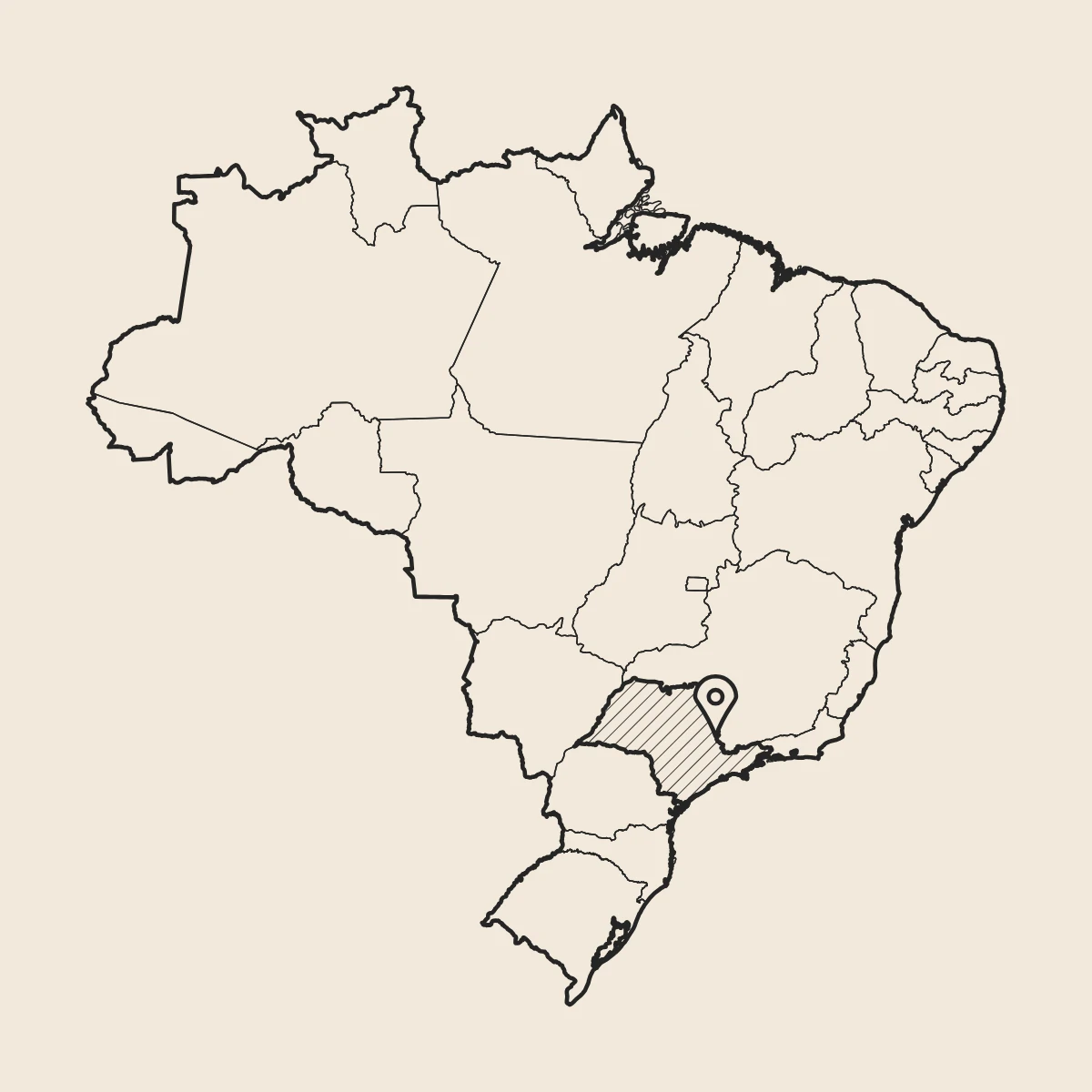 Mapa de Brasil con el estado de São Paulo rayado y un marcador en Espírito Santo do Pinhal, de donde viene el Café de Brasil Bourbon rojo natural de Boconó