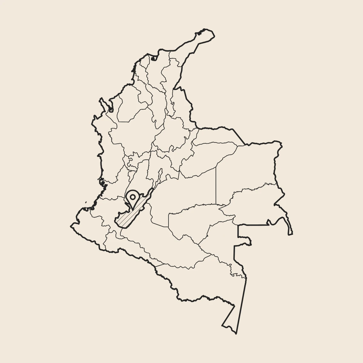 Mapa de Colombia con el departamento del Huila rayado y un marcador en su centro, de donde viene el Café de Colombia Caturra lavado de Boconó
