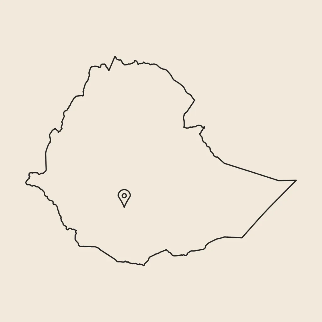 Mapa de Etiopía con un marcador en Sidamo, en el sur del país, de donde viene el Café de Etiopía Sidamo Heirloom lavado de Boconó