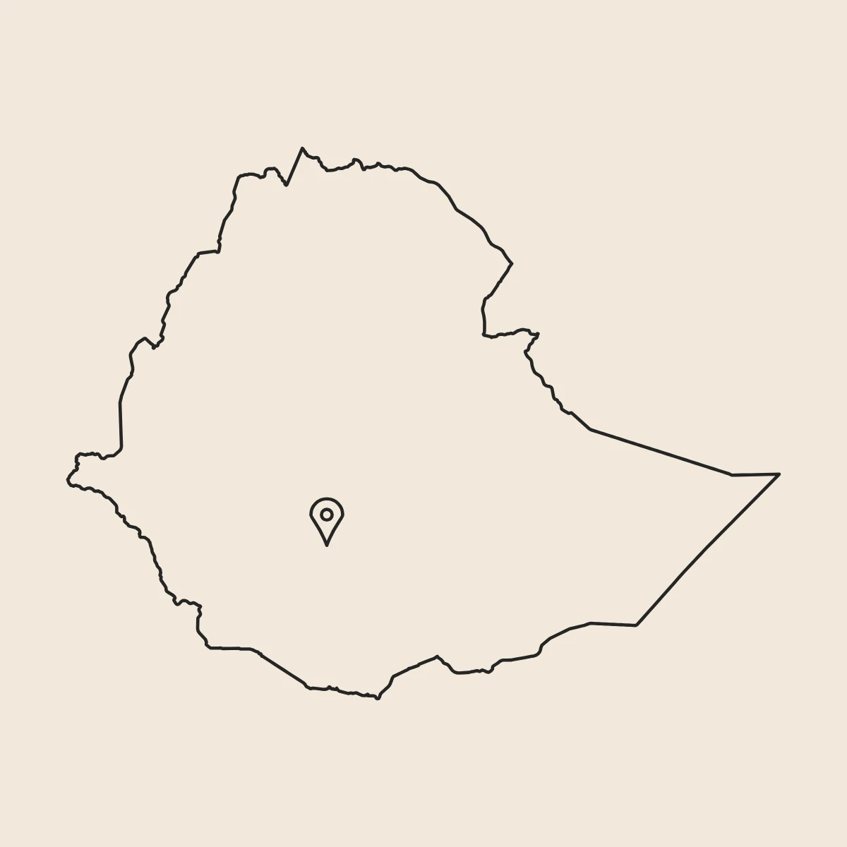 Mapa de Etiopía con un marcador en Sidamo, en el sur del país, de donde viene el Café de Etiopía Sidamo Heirloom lavado de Boconó