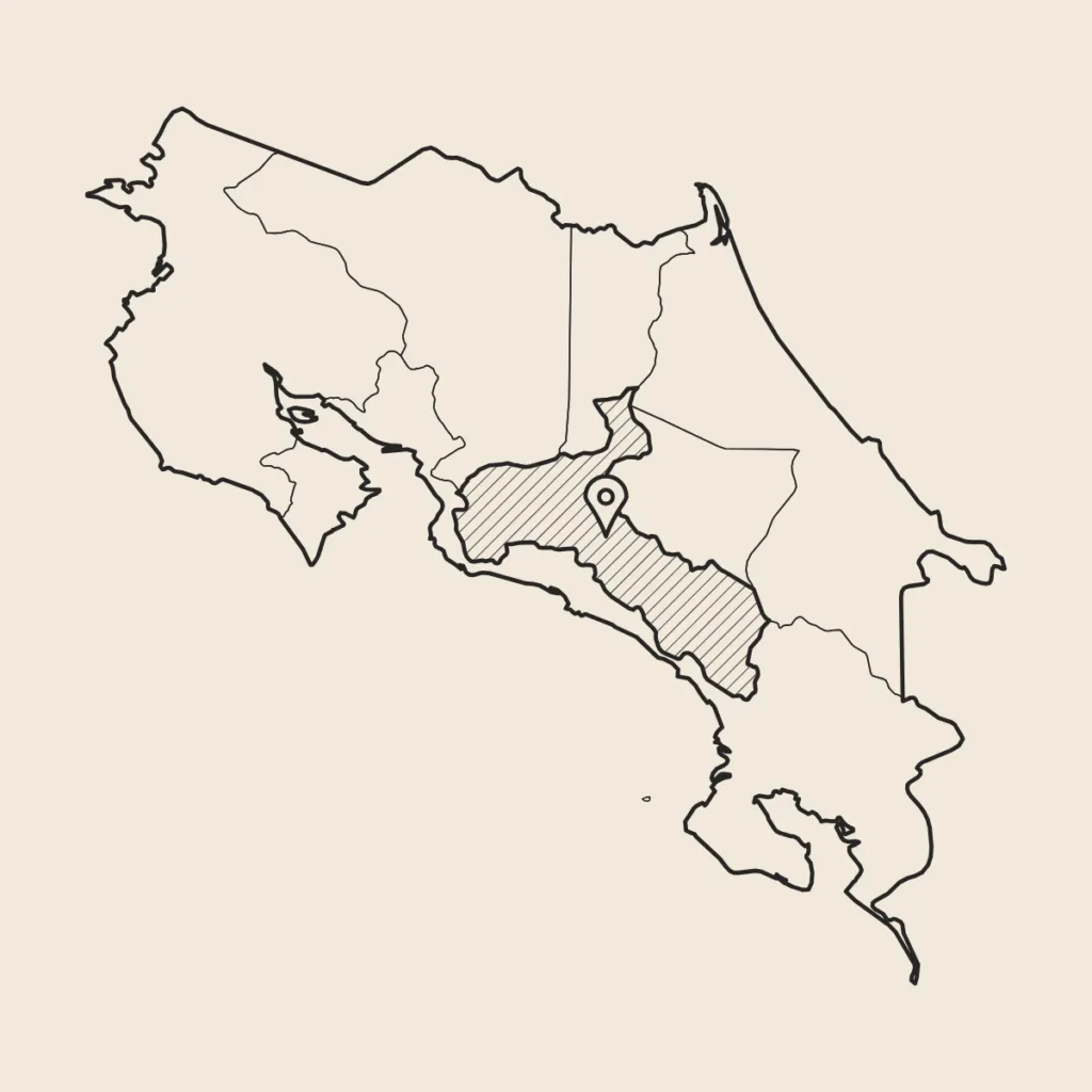 Mapa de Costa Rica con la provincia de San José rayada y un marcador en Tarrazú, de donde viene el Café de Costa Rica Honey Mujeres de Tarrazú de Boconó