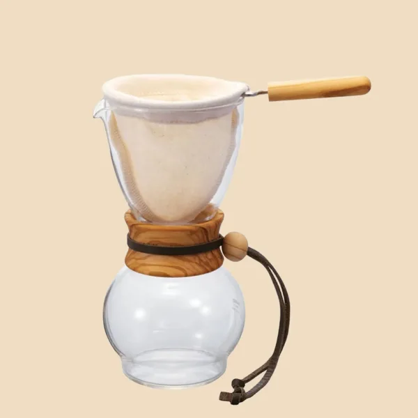 Cafetera de goteo de 480 ml con jarra de cristal, aro de madera de olivo y filtro de tela con mango de madera
