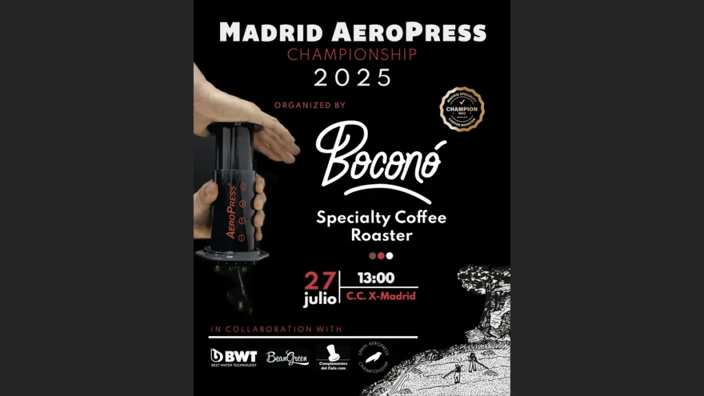 Cartel del Madrid AeroPress Championship 2025, organizado por Boconó, sobre fondo oscuro.