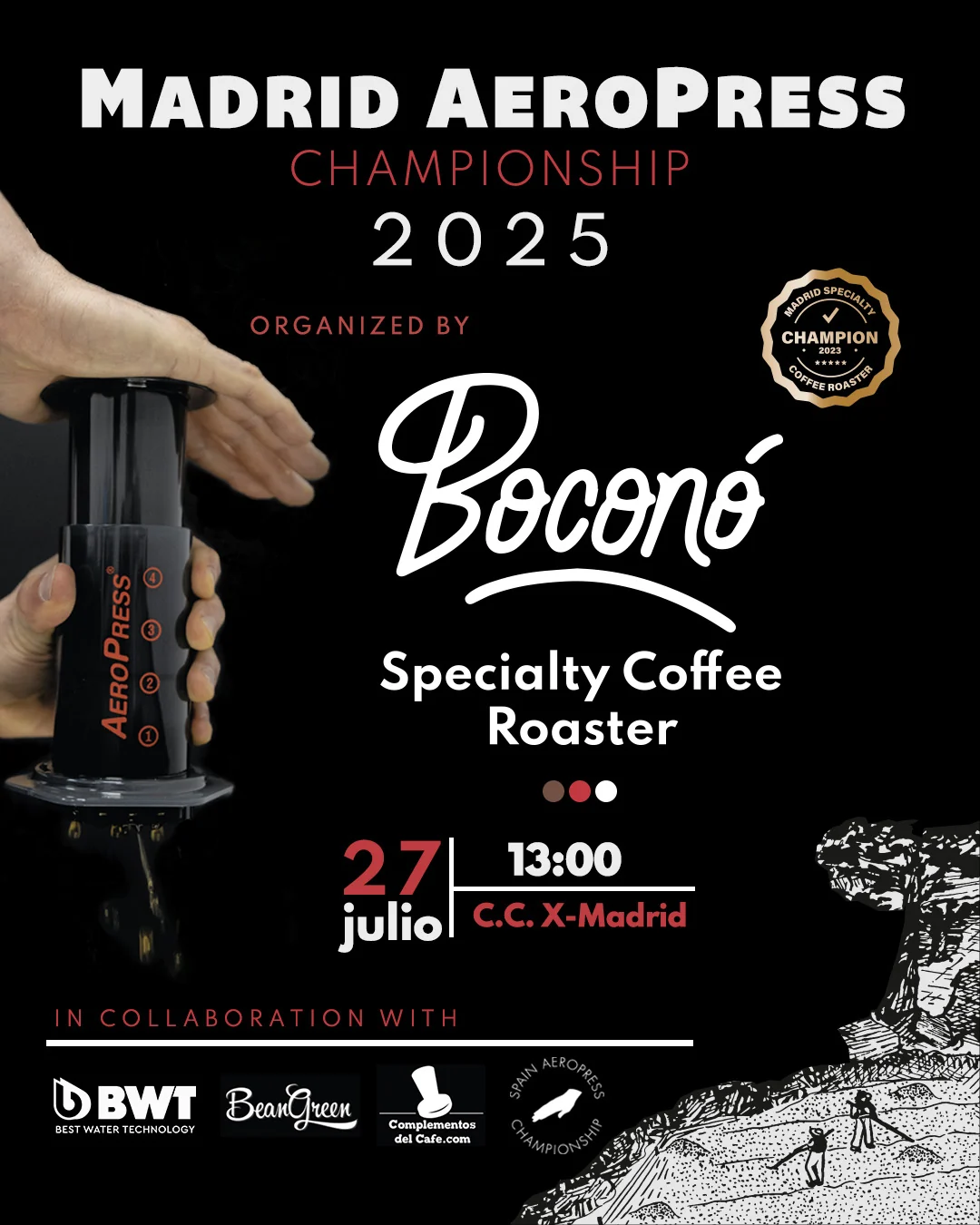 Cartel negro del Madrid AeroPress Championship 2025 con una AeroPress entre dos manos, el logotipo de Boconó, la fecha, la hora y los colaboradores.