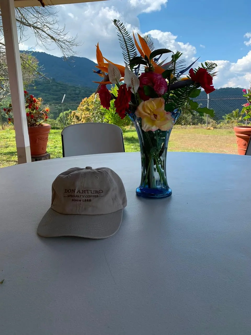 Gorra beige bordada con «Don Arturo Specialty Coffee, since 1888» sobre una mesa, junto a un jarrón con flores y con las montañas de Santa Ana al fondo