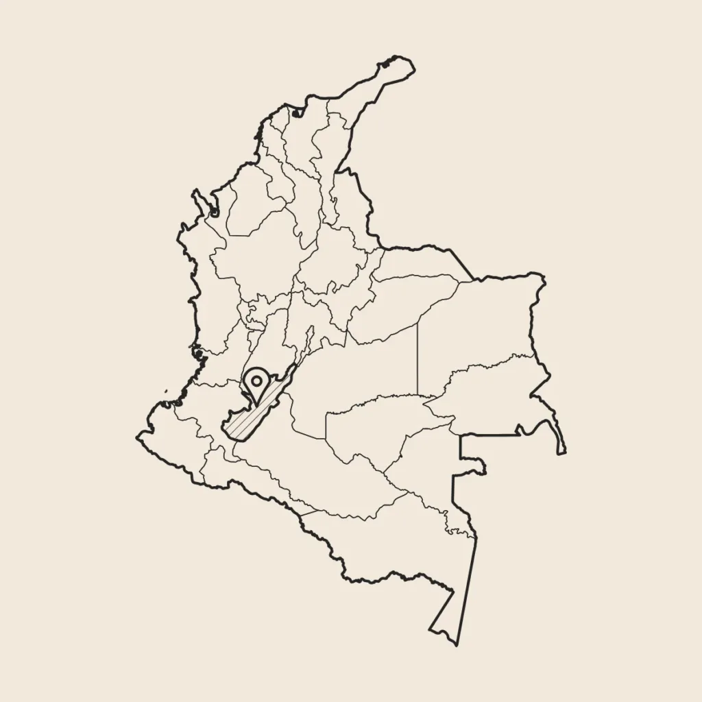 Mapa de Colombia con el departamento del Huila rayado: de ahí viene el café que se descafeína con el método Swiss Water para Boconó
