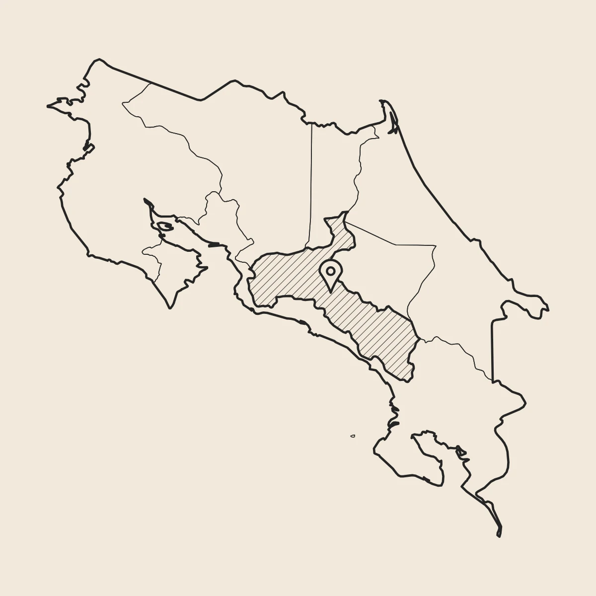 Mapa de Costa Rica con la provincia de San José rayada y un marcador en Tarrazú, de donde viene el Honey Mujeres de Tarrazú de Boconó