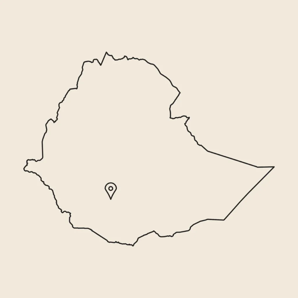 Mapa de Etiopía con un marcador en Yirgacheffe, en la zona de Gedeo, de donde viene el Yirgacheffe natural de Boconó