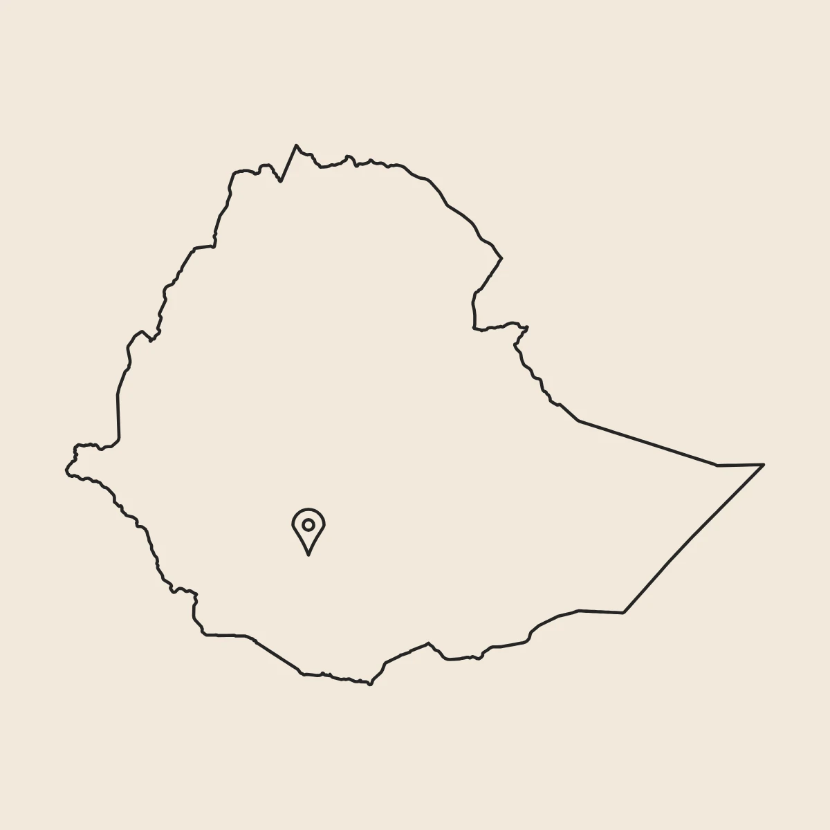 Mapa de Etiopía con un marcador en Yirgacheffe, en la zona de Gedeo, de donde viene el Yirgacheffe natural de Boconó