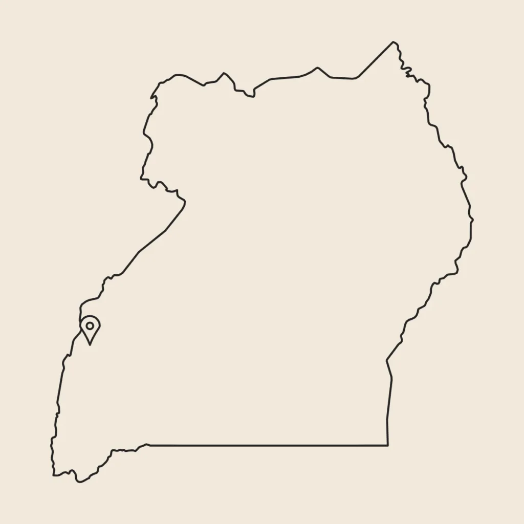 Mapa de Uganda con un marcador en los montes Rwenzori, en la frontera oeste, de donde viene el café natural de Uganda de Boconó
