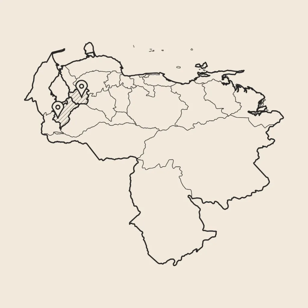Mapa de Venezuela con los estados de Mérida y Trujillo rayados y un marcador en cada uno, de donde vienen los cafés de Venezuela de Boconó