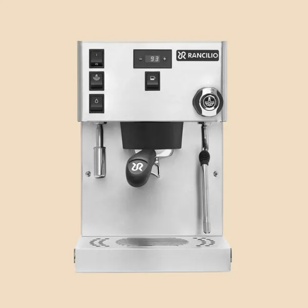 Máquina de espresso Rancilio Silvia Pro X de acero inoxidable vista de frente, con el portafiltro y la lanza de vapor