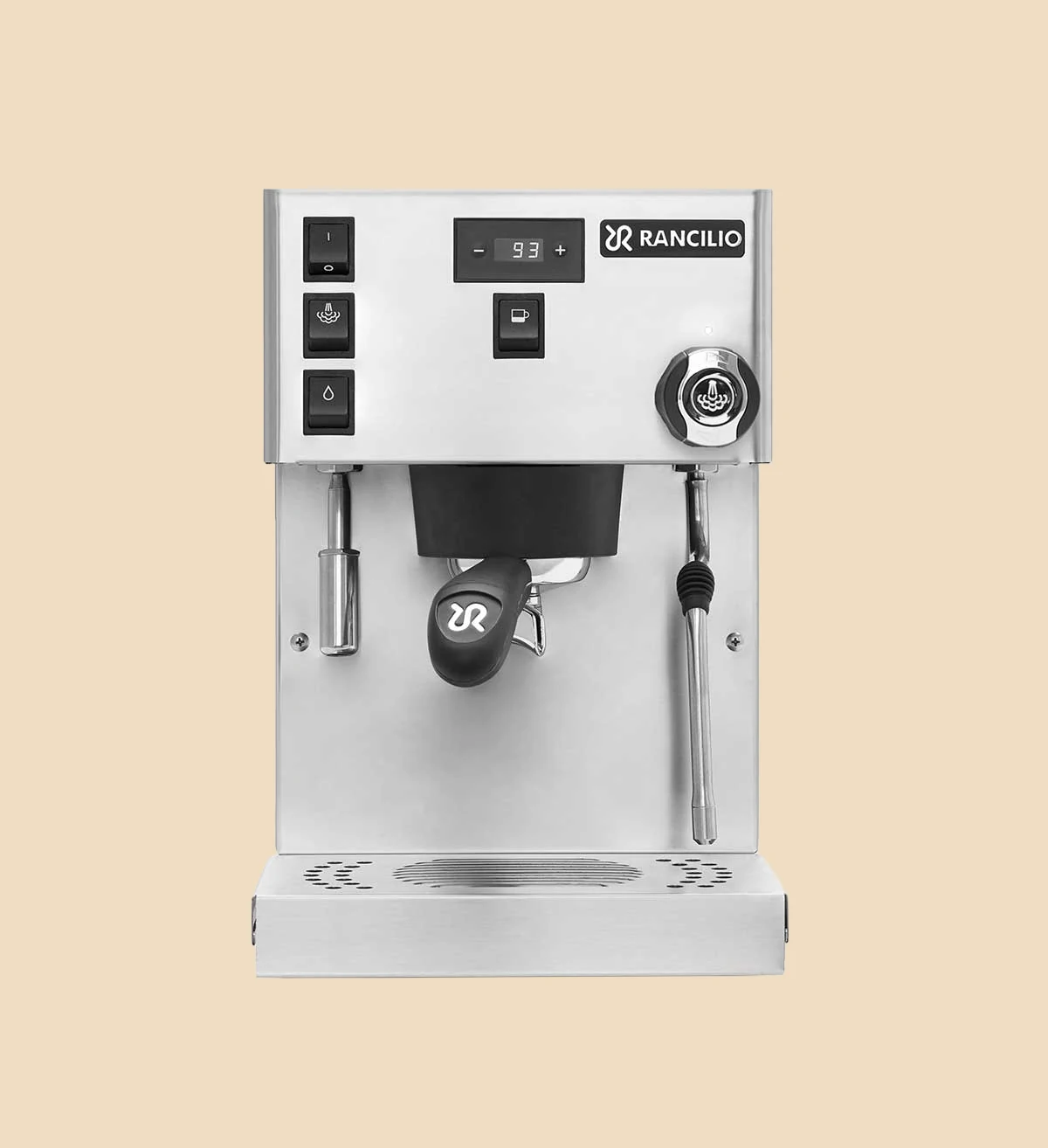 Máquina de espresso Rancilio Silvia Pro X de acero inoxidable vista de frente, con el portafiltro y la lanza de vapor