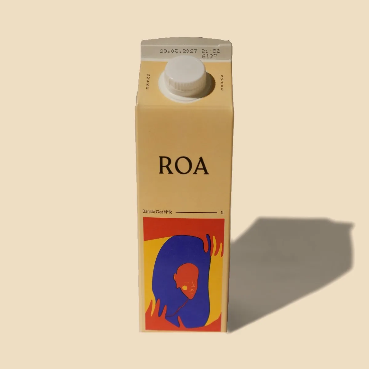 Brik de 1 litro de ROA Barista, bebida de avena para café, visto de frente