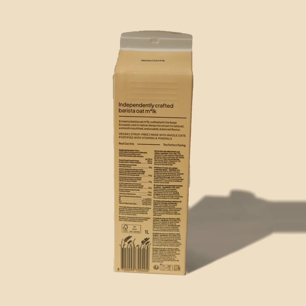 Dorso del brik de ROA Barista con los ingredientes, la información nutricional y el código de barras