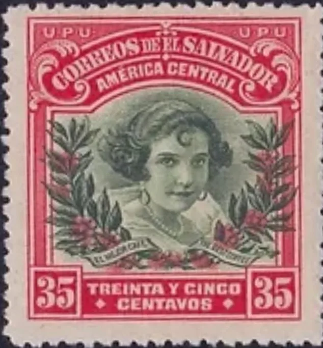 Sello de correos de El Salvador de 1924, de 35 centavos, con una joven enmarcada por ramas de cafeto