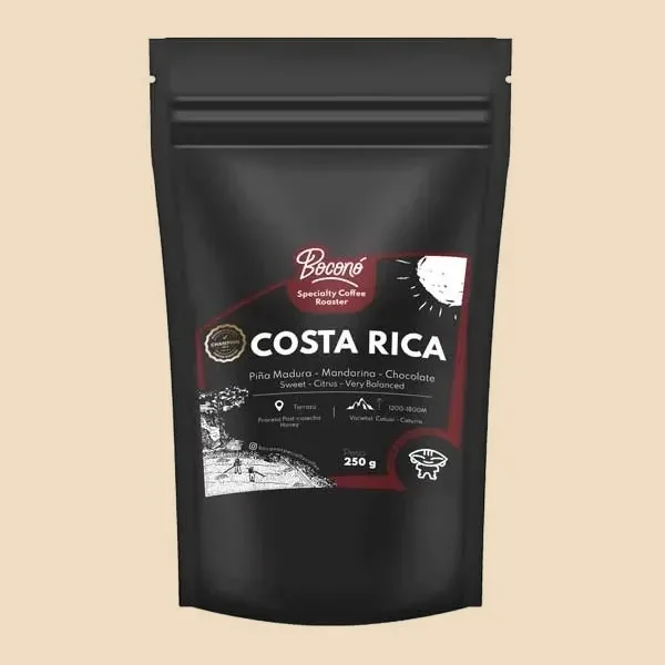 Bolsa negra de 250 g de Boconó con la etiqueta de Costa Rica y las notas de cata impresas al frente.
