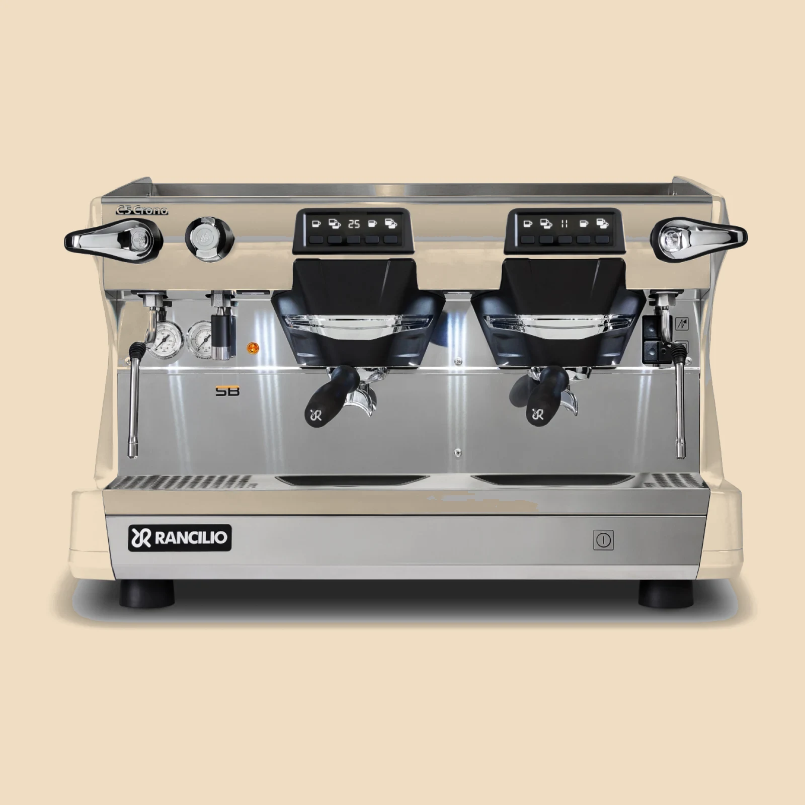 La Rancilio Classe 5 Crono de dos grupos en blanco, vista de frente