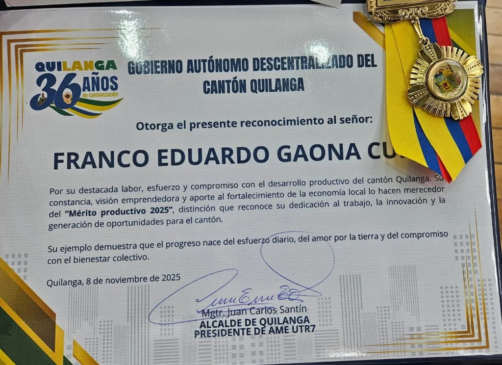 Diploma del Gobierno Autónomo Descentralizado del cantón Quilanga que otorga a Eduardo Gaona, productor de la finca El Halo, el reconocimiento «Mérito productivo 2025»