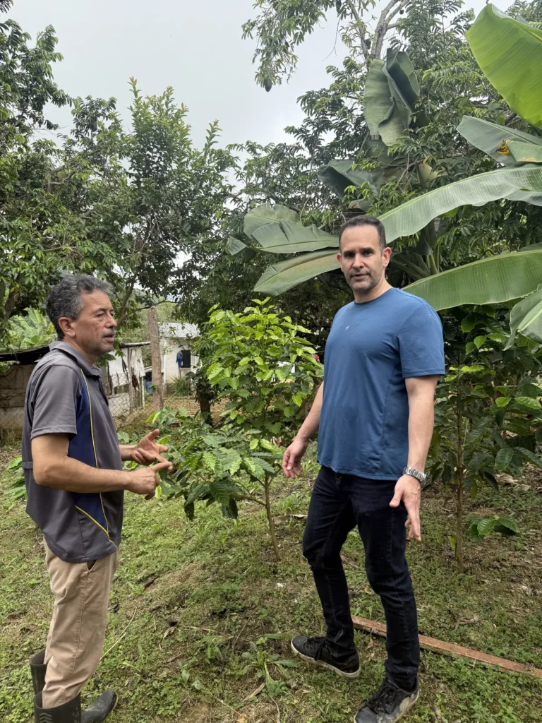 Carlos Julio Rondón explicando el estado de los cafetos jóvenes en la finca de Palmarito