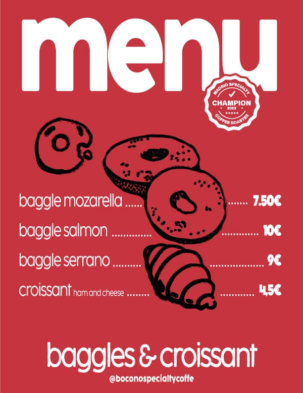Carta roja de Boconó con precios: bagels de mozzarella, de salmón y de jamón serrano, y croissant de jamón y queso