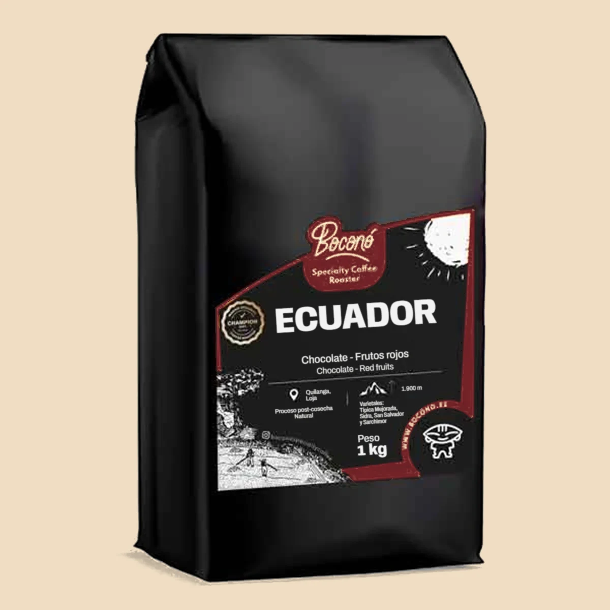 Bolsa negra de 1 kg de Boconó con la etiqueta de Ecuador natural, de la Finca El Halo en Quilanga (Loja), y sus notas de cata: chocolate y frutos rojos.