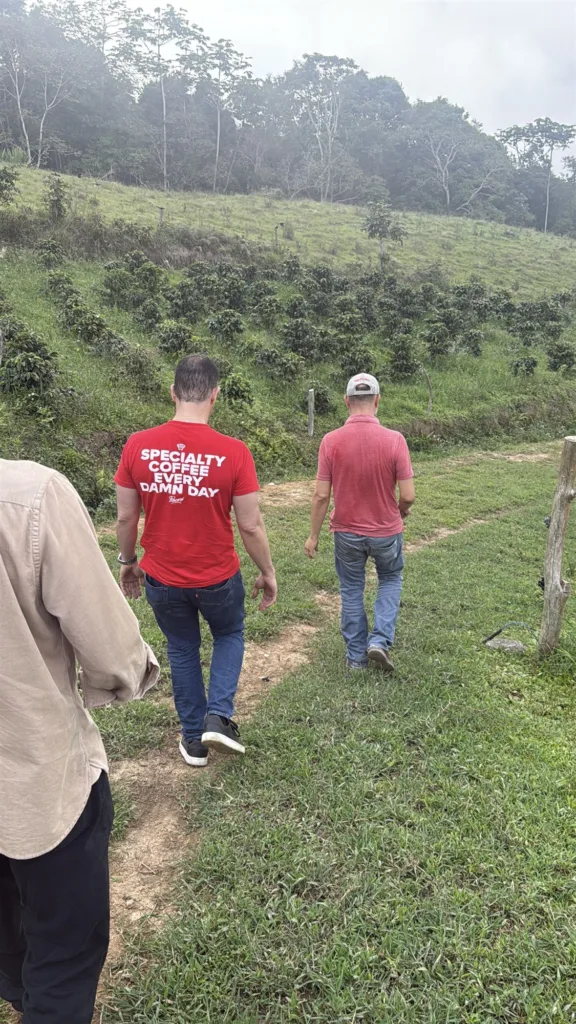 Tres personas recorren los cafetales de la finca La Neblina, en Zea (Mérida, Venezuela)