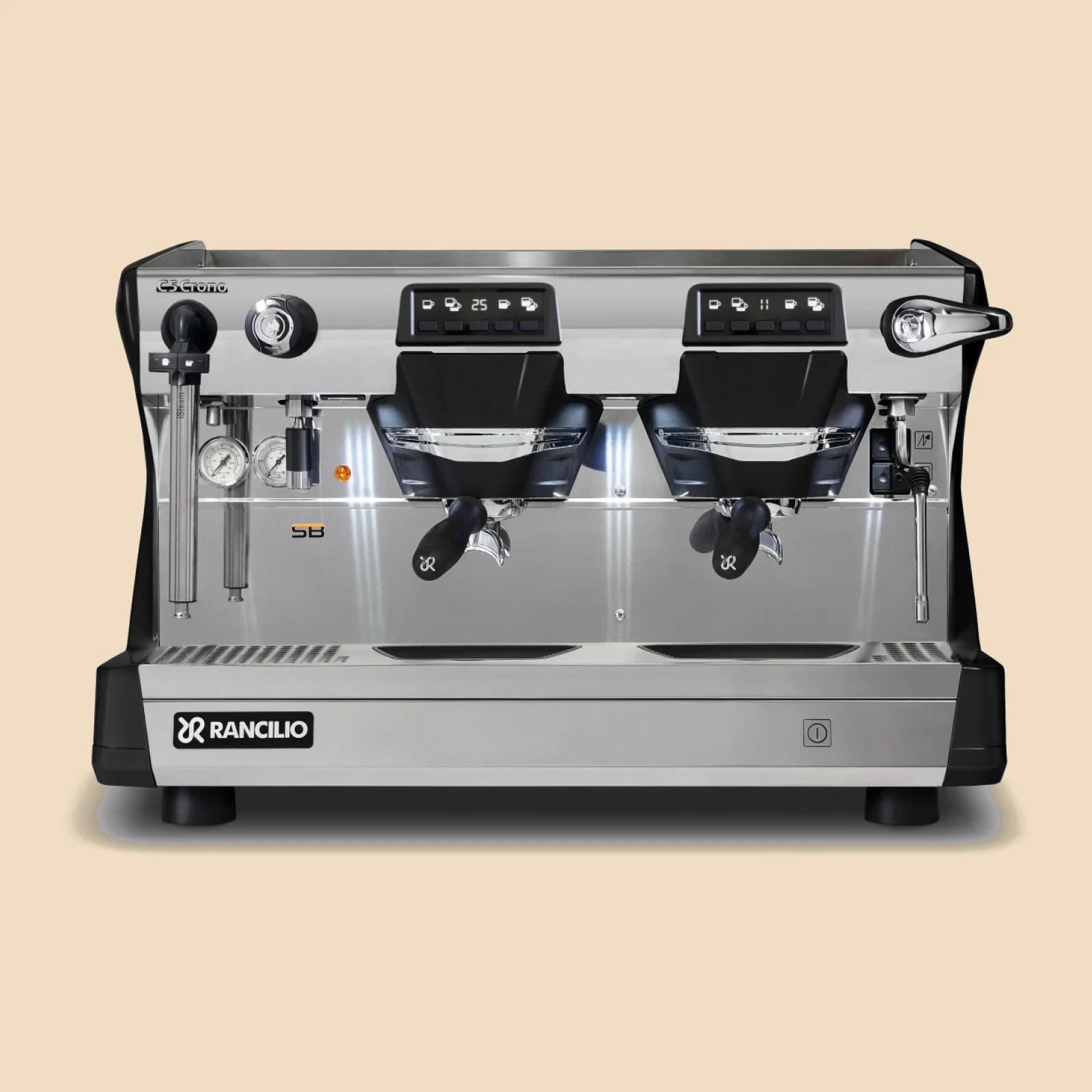 La Rancilio Classe 5 Crono de dos grupos en la versión iSteam, de frente, con la lanza de vapor automática a la izquierda