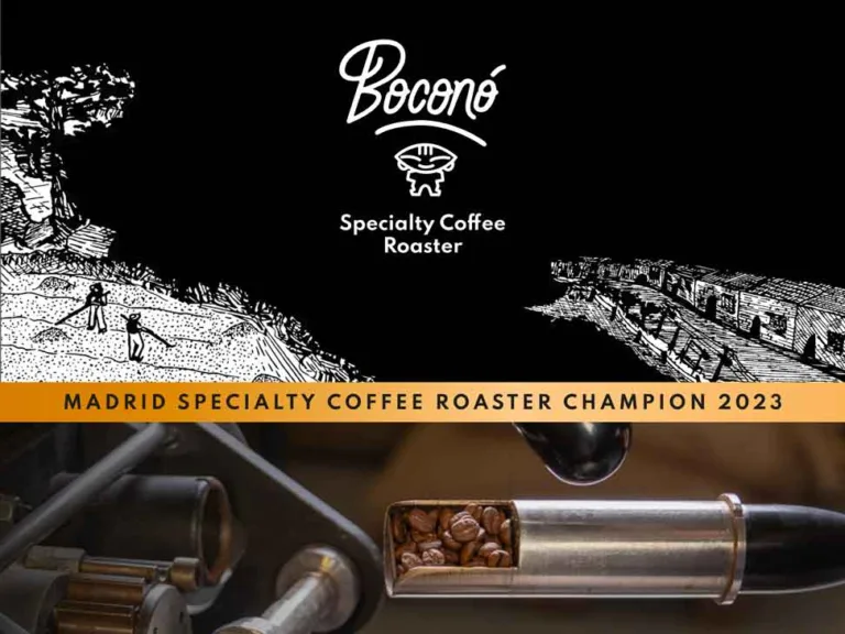 Logotipo de Boconó Specialty Coffee Roaster sobre la ilustración del mural, con la banda «Madrid Specialty Coffee Roaster Champion 2023» y la sonda de muestras del tostador llena de café tostado