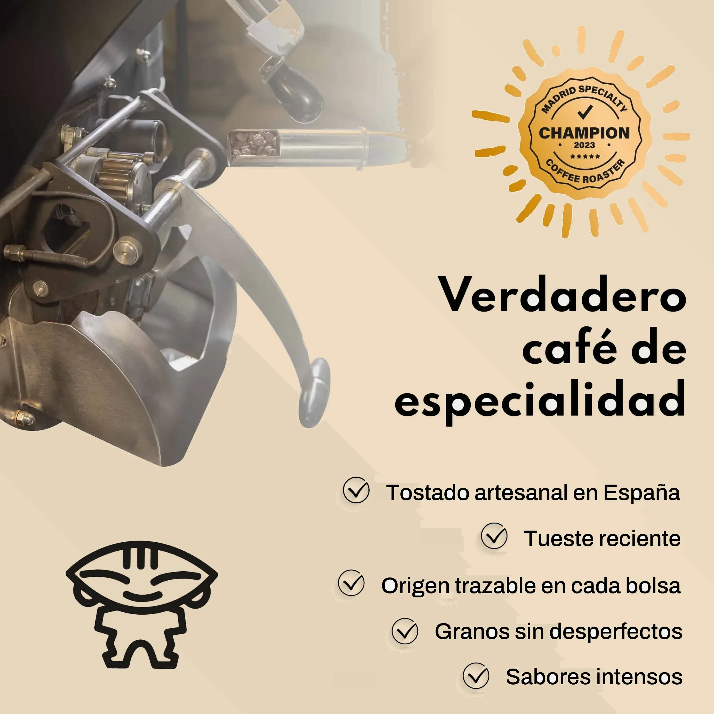 Lámina de Boconó sobre el Café de Ecuador Quilanga lavado: la tostadora en marcha, el sello de campeón de tueste de Madrid 2023 y cinco rasgos del café: tostado artesanal en España, tueste reciente, origen trazable en cada bolsa, granos sin desperfectos y sabores intensos