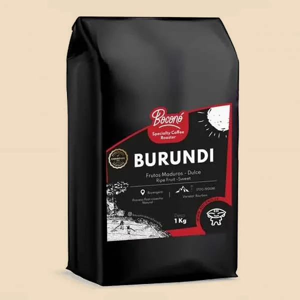 Bolsa negra de 1 kg de Boconó con la etiqueta de Burundi y las notas de cata impresas al frente.